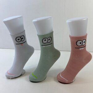 Womens Funny Cartoon Face Ribbed Crew Socks Pack Of 3 White Green Pink